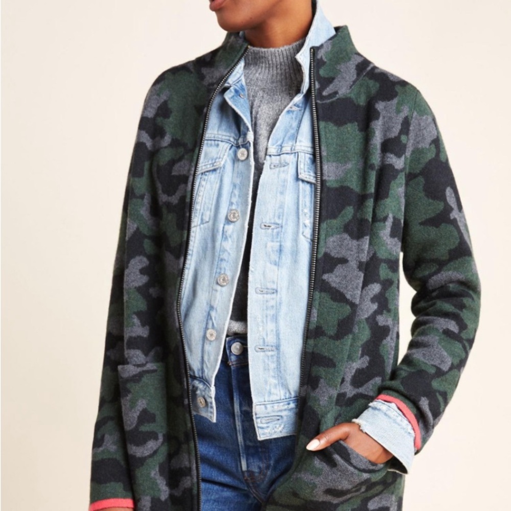 Field Flower Anthropologie Wool Full Zip Sweater Coat Jacket Green Camo Womens S